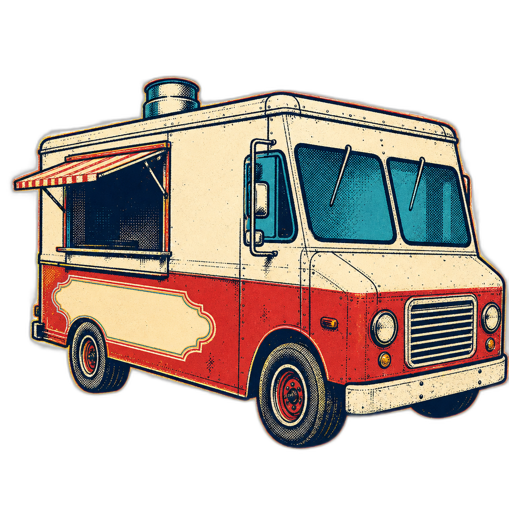 Screen-print sticker illustration of a classic food truck — Eats on 601, Mocksville NC