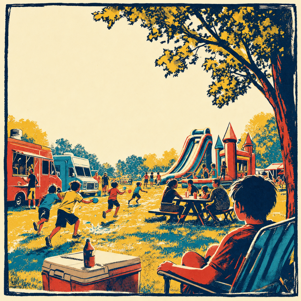 Screen-print poster illustration of a summer afternoon at the Eats on 601 lot with water slides, food trucks, and families